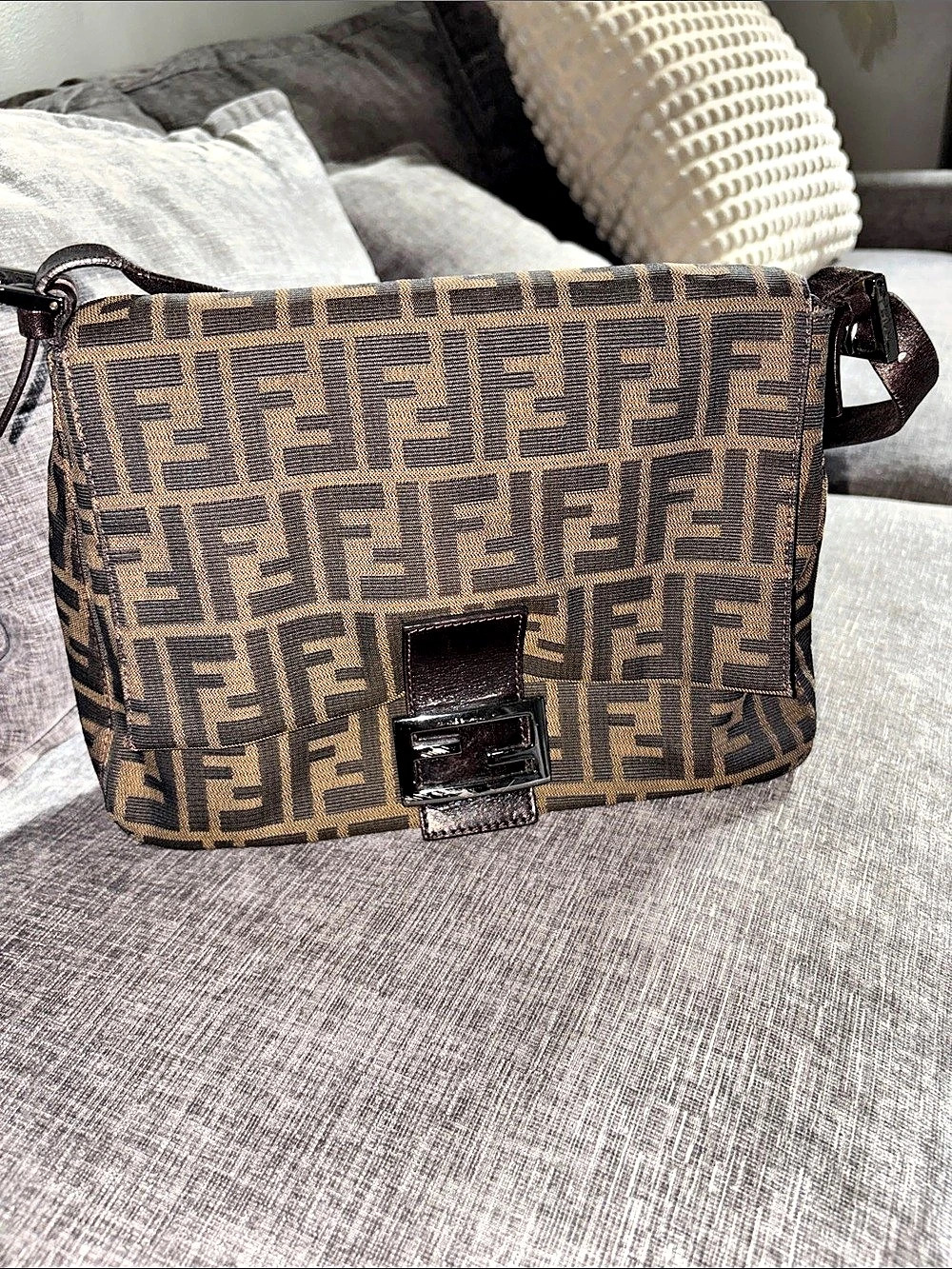 Fendi Zucca Canvas Messenger Bag Shoulder Bag Brown & Black